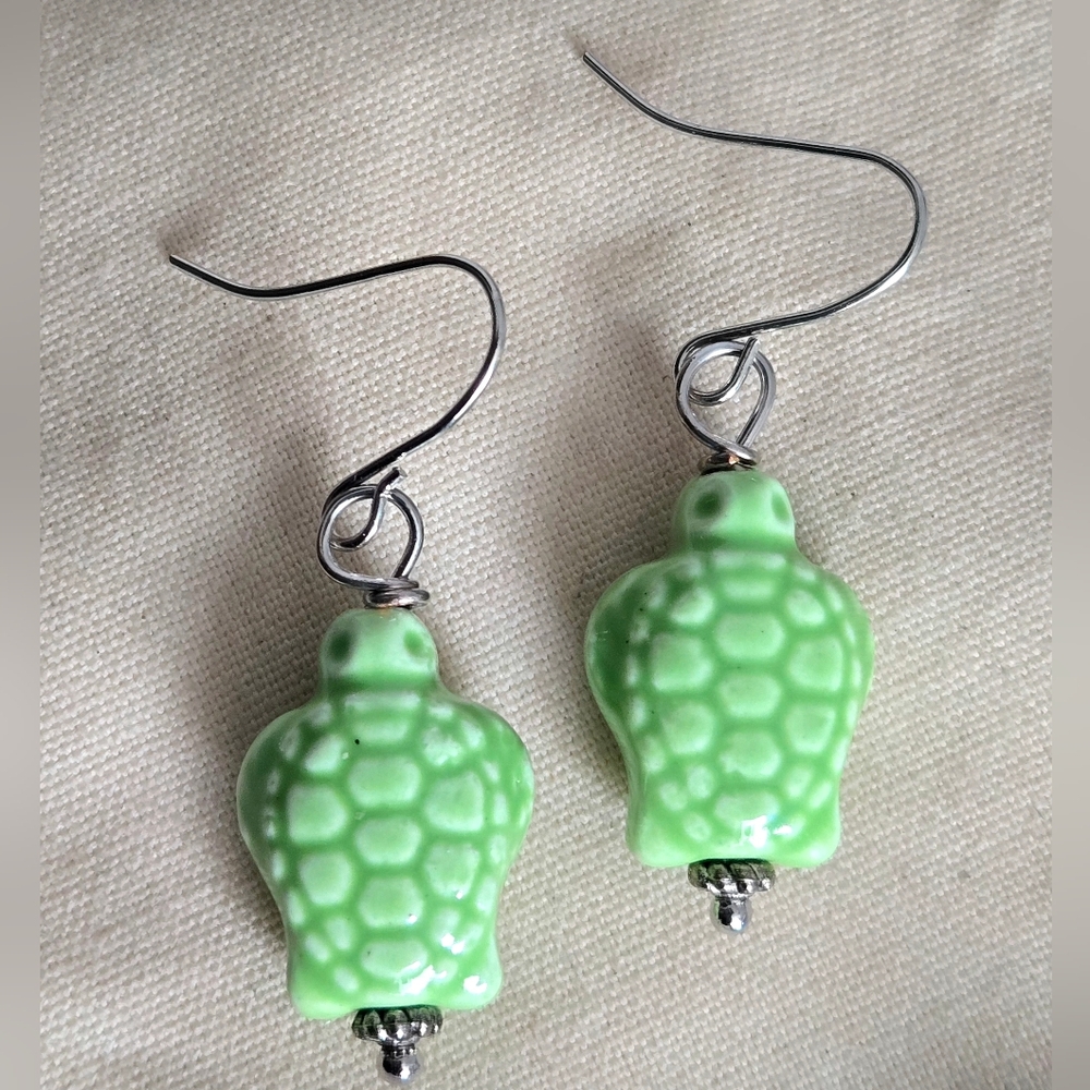 Ceramic Green Glazed Turtle Earrings 🐢